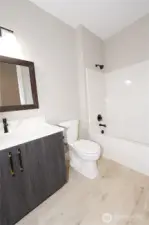The hall bath has beautiful finishes.