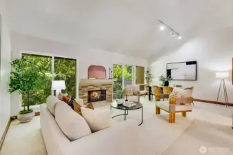 Large living space with soaring ceilings that backs up to May Creek Preserve