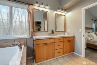 Primary bath with walk-in shower and soaking tub