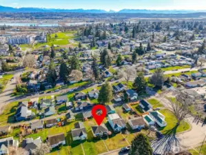 Wide aerial capturing the broader Everett landscape and the surrounding community.