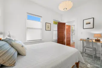 View from the main floor bedroom to the bathroom just across the hallway