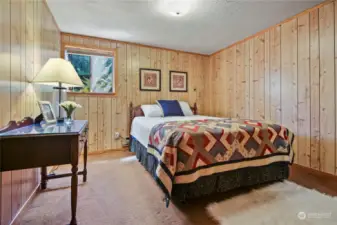 Paneled and carpeted third bedroom on lower level.