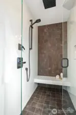 Luxury Shower with Stone Floor, Rain Head, Handheld and Built-In Shelf,Bench