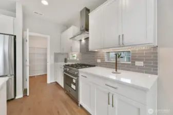 gorgeous kitchen with small windows & gas stove/oven + large pantry
