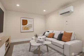 The lower level adds even more versatility with a media room and bonus room, creating the kind of flex space that can evolve with your needs—whether for play, fitness, hobbies, guests, or an additional lounge. This photo was virtually staged.