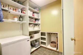 A walk-in pantry with lots of cabinets.