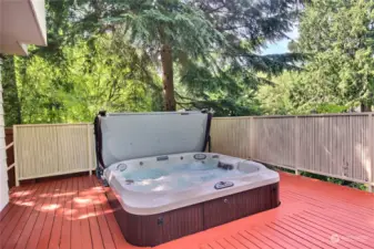 A relaxing hot tub on the back deck.