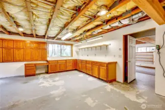 Lower-level garage space with loads of storage.  1,500 feet unfinished in the basement, myriad possibilities for future use.