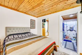 Northeast cabin bedroom, shower and sink on the right.  There is no toilet, graywater system only.