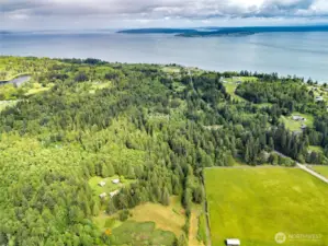 Looking due north, Hansville village is near the center top of the photo.  Buck lake to the left, Skunk Bay just beyond and past that the shipping lanes then Whidbey Island (Double Bluff in the center and Useless Bay on the right.