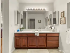 This main level bathroom has two entry points: one to the main living area, and the other enters into the wak-in/walk-through closet, which connects to the fourth bedroom.