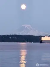 Moon rising over Mt. Rainier. Enjoy this view from your deck, living room, and bedrooms.