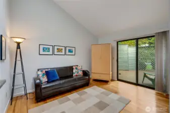Cook, sip, chat—kitchen opens to extra living space.