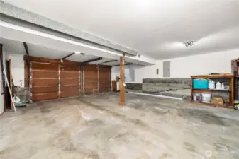 two car garage with some storage space