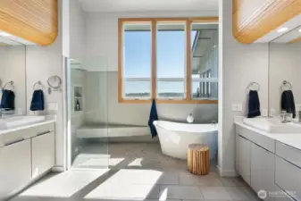 Newly remodeled, the primary bath is like no other. Two separate basins, an open shower, and a stand-alone tub combine contemporary style with nods to its 70's roots.