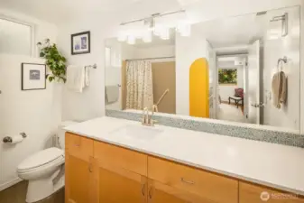 Lower level full bathroom has lots of storage