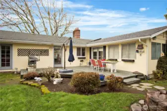 Access large deck from the kitchen and family room.