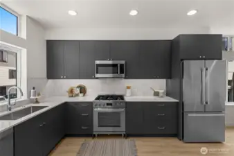 Kitchen counter space doubles as a prep zone.