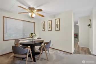 Dining room with a peek into the kitchen.