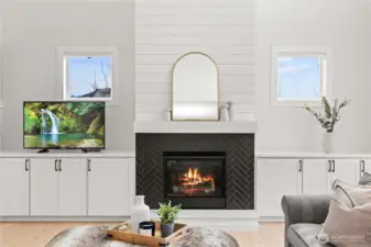 Gas Fireplace with Hearth, Herringbone Tile & Built-Ins