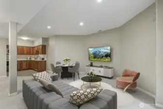 Virtually-Staged downstairs family room with kitchenette