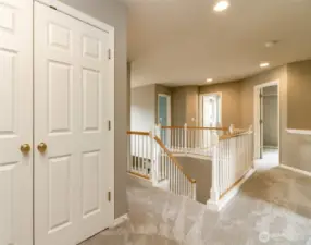 From the backstairs, takes you to the spacious 2nd level new carpeted hallway large storage closet.