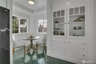 Sunny breakfast and original built-in cabinetry