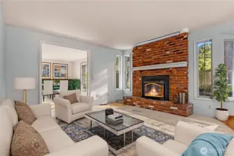 Room off of kitchen with gas fireplace looking back towards extra office or rec room - Virtually staged