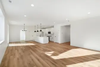 living room, kitchen, dining