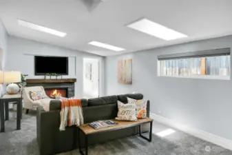 Multiple skylights pour rays of sunshine into the room.