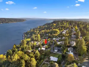 The red arrow shows the home's proximity to Lake Washington and urban/pedestrian trail