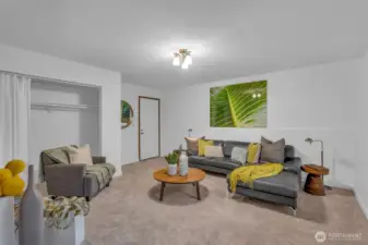 Lower level flex room can be used for 3rd bedroom, dedicated office space, guest room, play room, media room, crafting space.  So many choices.  Double closet and access to the attached 2 car garage.