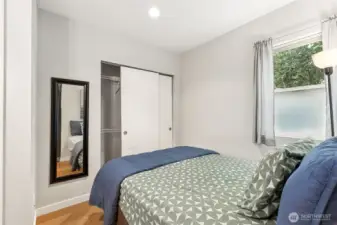 Up two stairs to the bedroom, with bathroom and two closets