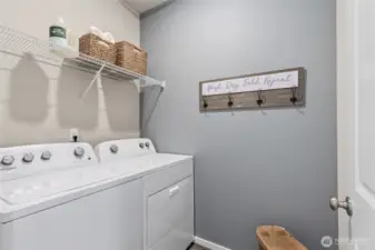 Dedicated laundry room keeps things tidy and can fit full size washer and dryer. Actual home is under construction. Colors, materials, and features may vary. See site agent for details.