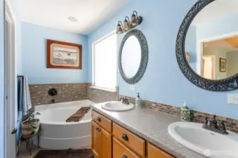 Primary one bath has double sinks, a large soaking tub, separate shower & commode, plus a large walk-in closet.