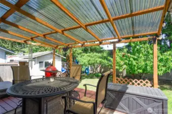 Back deck has room for seating  and access to the hot tub, that comes with the house.