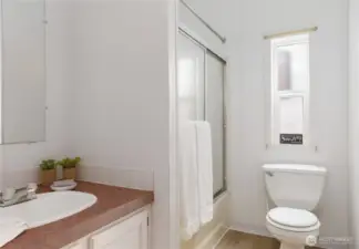 Main hall bath with full shower and tub.  New flooring and paint