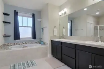 Primary bathroom, dual vanity, soaking tub and shower.