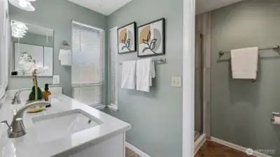 Remodeled primary bathroom on upper level.