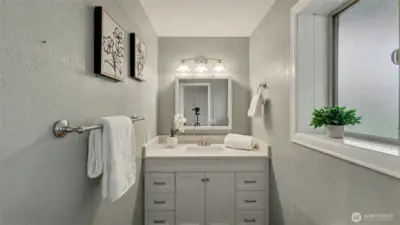 Downstairs bathroom, updated with quartz counters.
