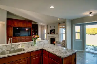 Kitchen looking into the great room and breakfast area.