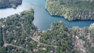Drone arial neighborhood and partial lake