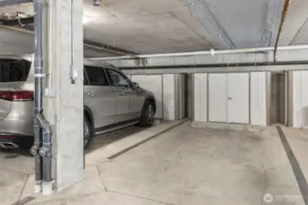 P35 is A102’s designated underground parking space, and is just steps from the elevator and stairs leading to the home’s front door. Power is available for charging an electric vehicle if needed, and the HOA charges only $15/month. The deep storage shed in this photo also belongs to A102.
