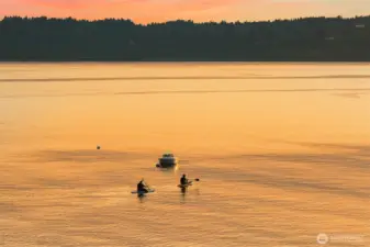Paddle boarders enjoying a peaceful evening on the water.