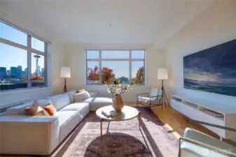 Living room with City, Space Needle, and Pugetr Sound Views