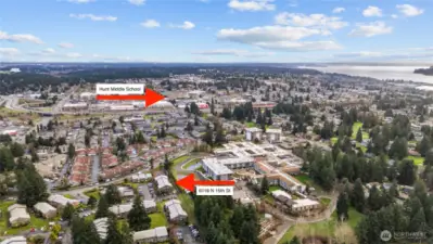 Aerial view showing close proximity to the nearby middle school.
