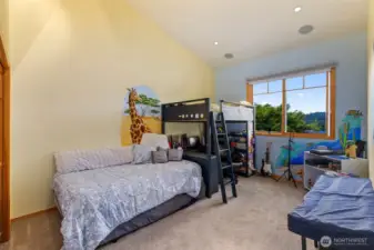 2nd bedroom with vaulted ceilings on upper/main level