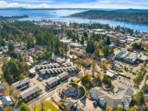 Aerial with location of home and noting the Seattle/Bainbridge Island ferry terminal