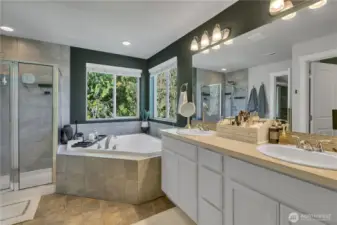 Primary bathroom with dual vanity, walk in closet and soaking tub