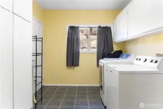 Laundry room with door leading out to the basement and back yard